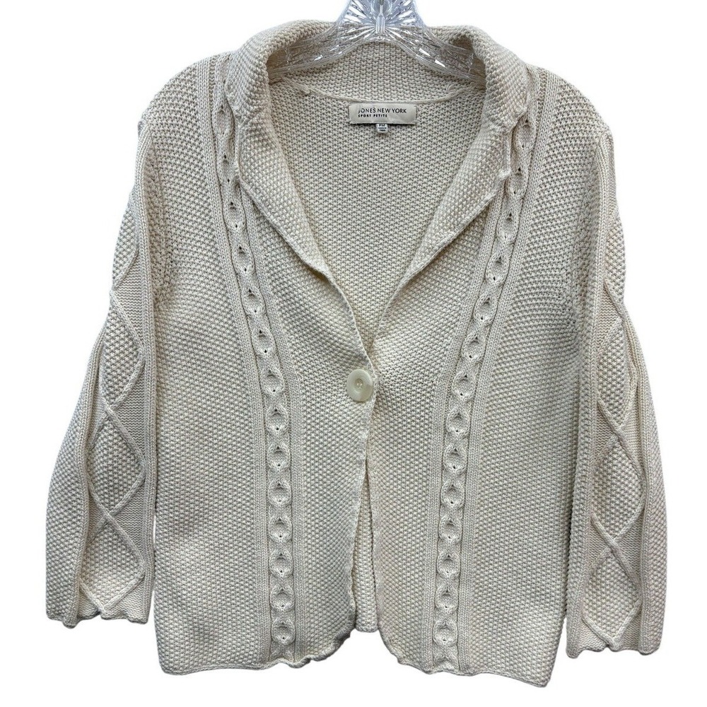 Vintage Jones New York Sport Petite Cream Cotton Cable Knit Cardigan‎ Sweater PM
